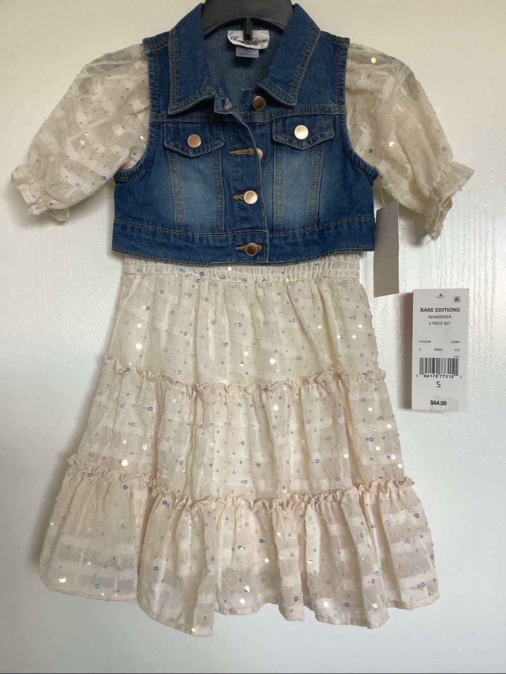 Rare Editions Denim Vest with Cream Sequin Tiered Dress